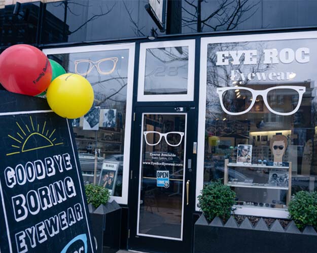 Front door of Eye Roc Eyewear, an optometry brand that repairs eyeglasses.